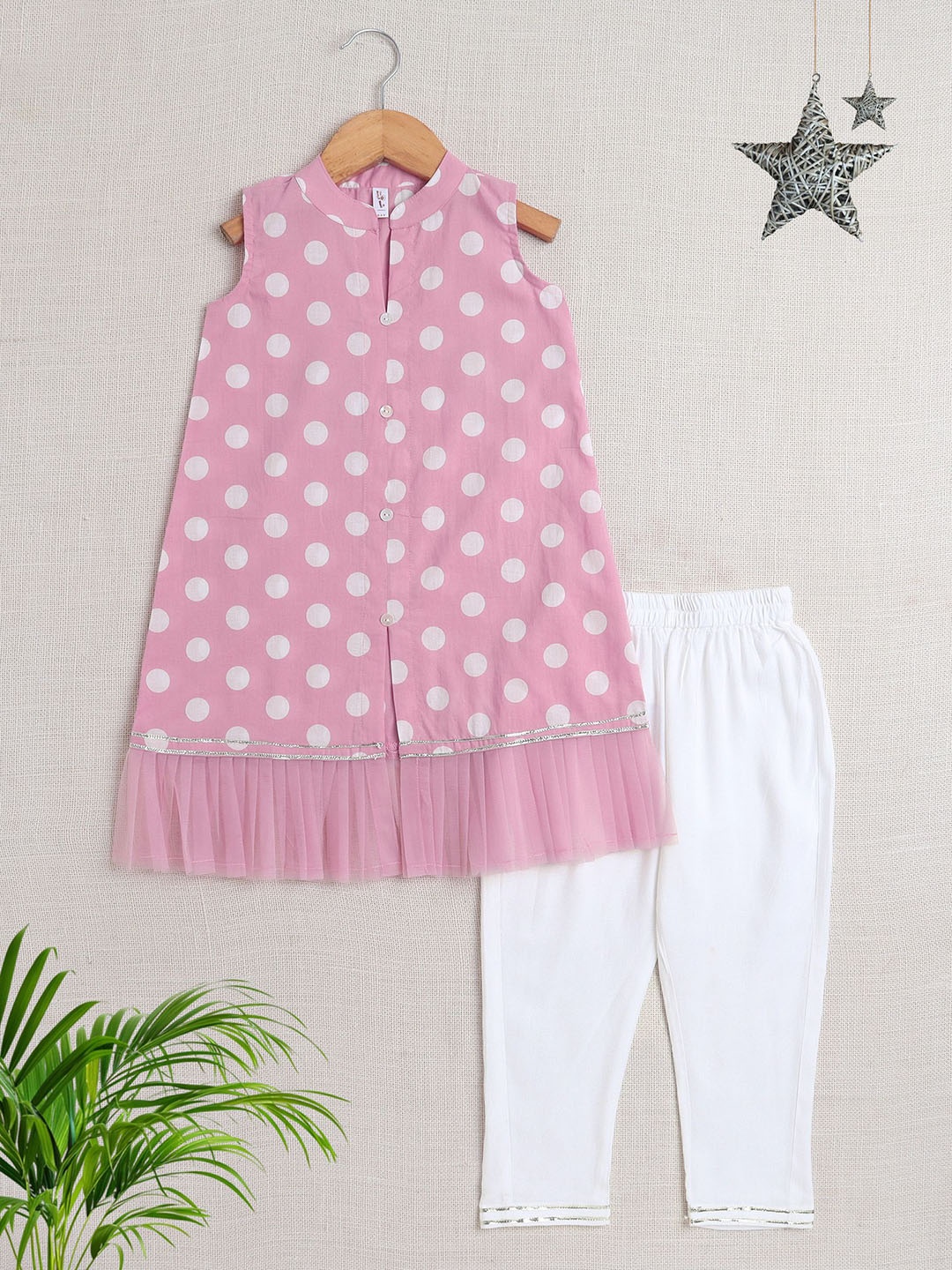

The Magic Wand Girls Polka Dots Printed Pure Cotton A Line Kurta with Trousers, Peach