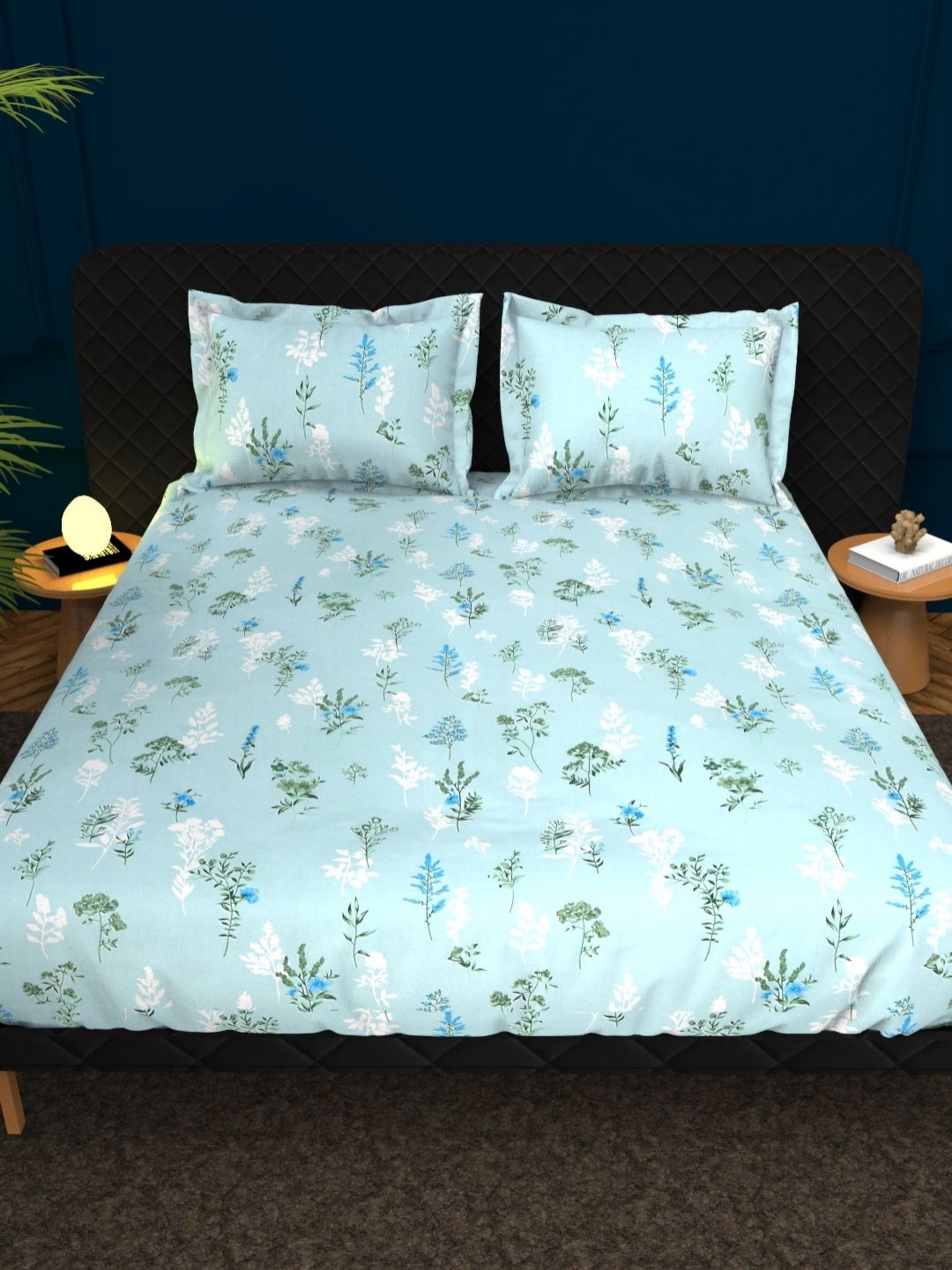 

THE WHITE MOSS Blue & White Floral Cotton 210 TC King Bedsheet Set 2.75 m x 2.75 m