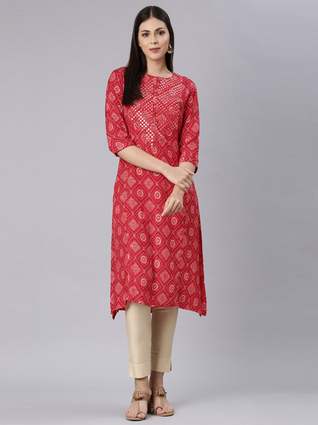 

Neerus Floral Printed Mirror Work Straight Kurta, Red