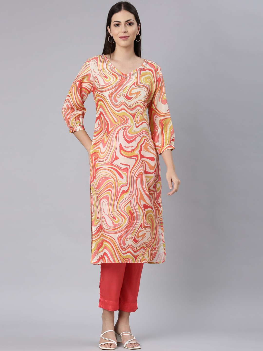 

Neerus Geometric Printed Beads and Stones Kurta with Trouser, Cream