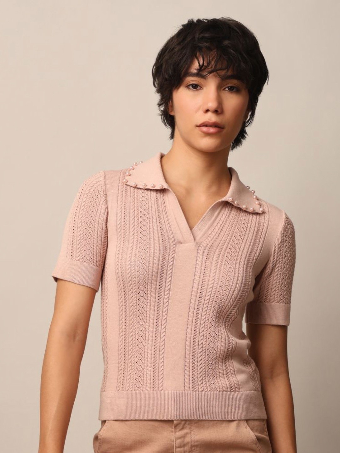 

ONLY Women Self Design Polo Collar Cotton T-shirt, Pink