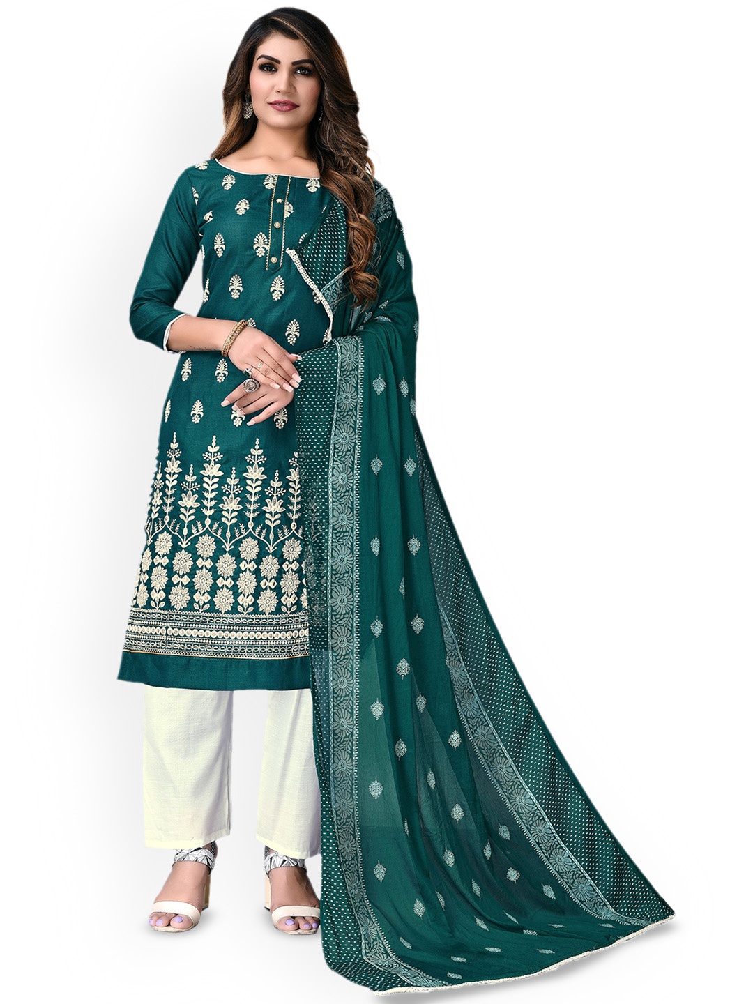 

Maroosh Floral Embroidered Zari Cotton Unstitched Dress Material, Green