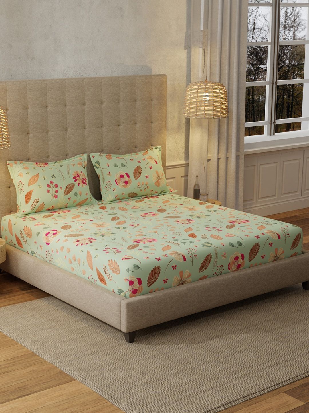

URBAN SPACE Florence Sage Green 200 TC Floral Queen Bedsheet