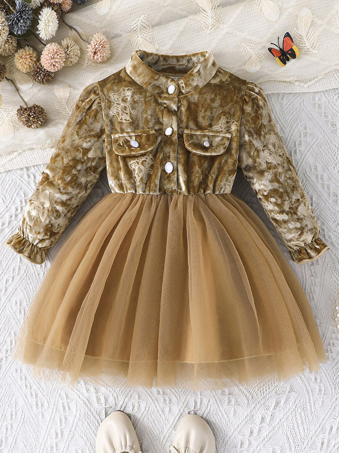 

INCLUD Girls Self Design Puff Sleeve Fit & Flare Dress, Brown