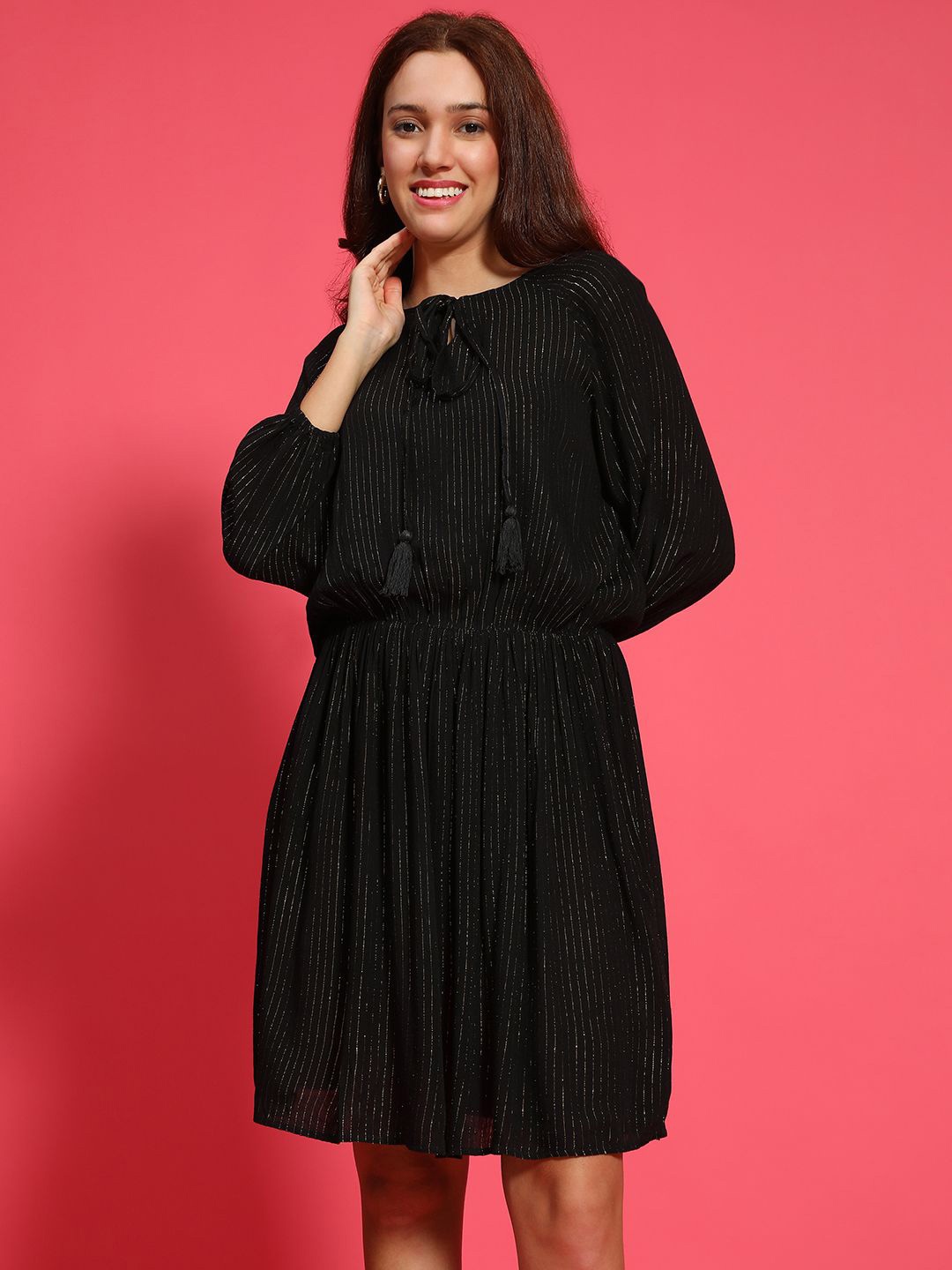 

Oxolloxo Women Striped Fit & Flare Knee Length Dress, Black