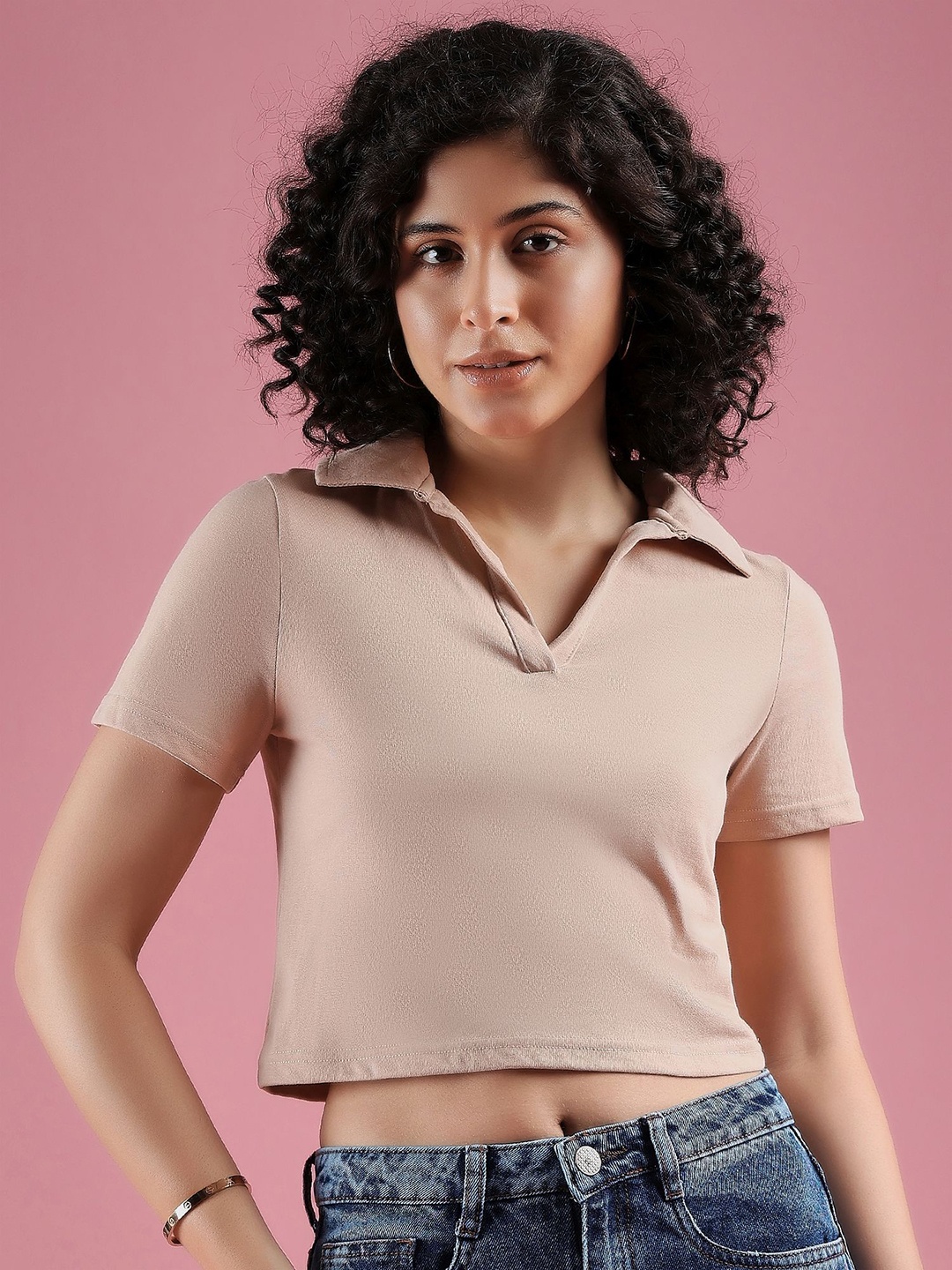 

Mayra Women Solid Polo Collar Cotton T-shirt, Beige
