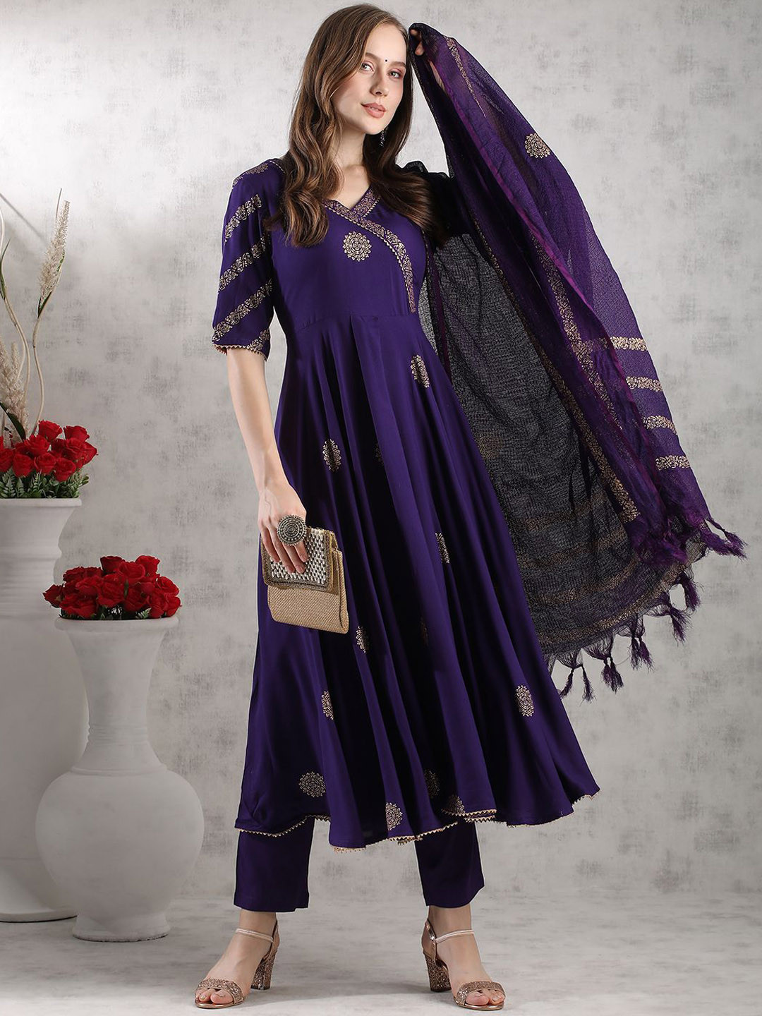 

Anni Designer Ethnic Motifs Woven Design Thread Work Anarkali Kurta With Trouser & Dupatta, Purple