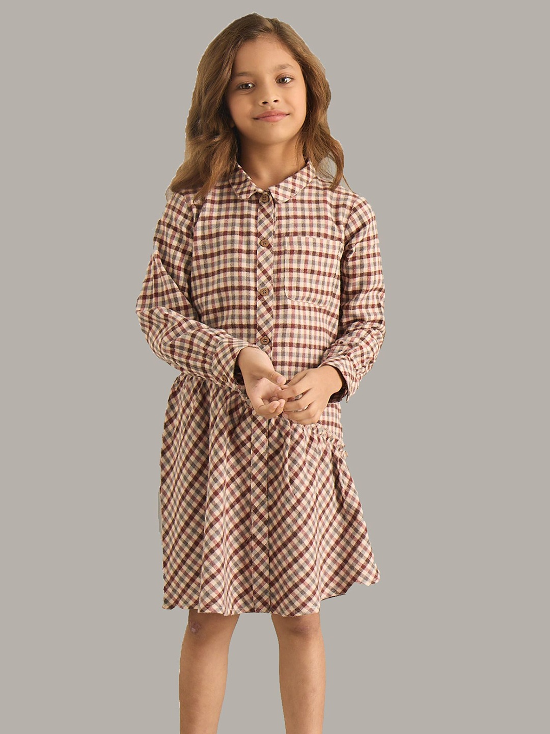 

My Milestones Girls Checked Long Sleeves Shirt Cotton Dress, Maroon