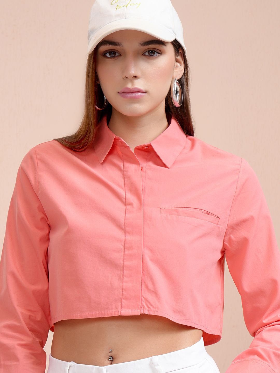 

Tokyo Talkies Women Mock Pocket Crop Shirt, Pink