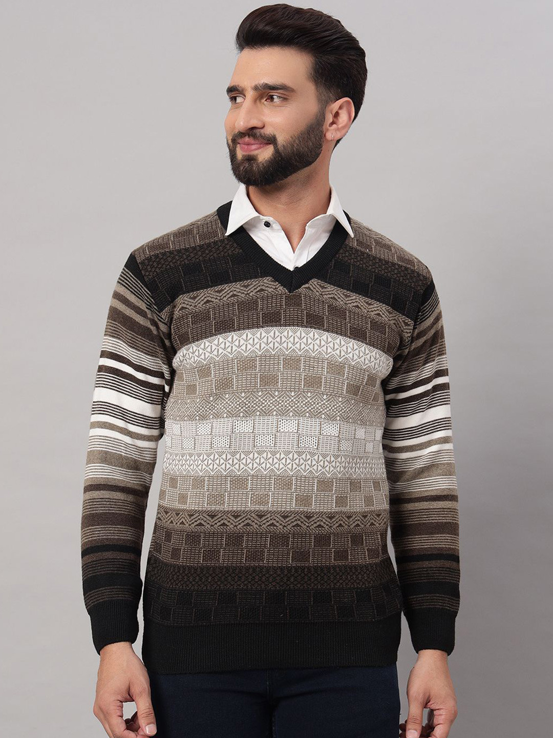 

eWools Men Checked Woollen Winter Pullover, Brown
