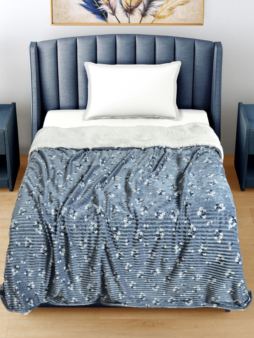 

FABINALIV Blue & White Floral Printed Woollen Mild Winter 400 GSM Single Bed Comforter