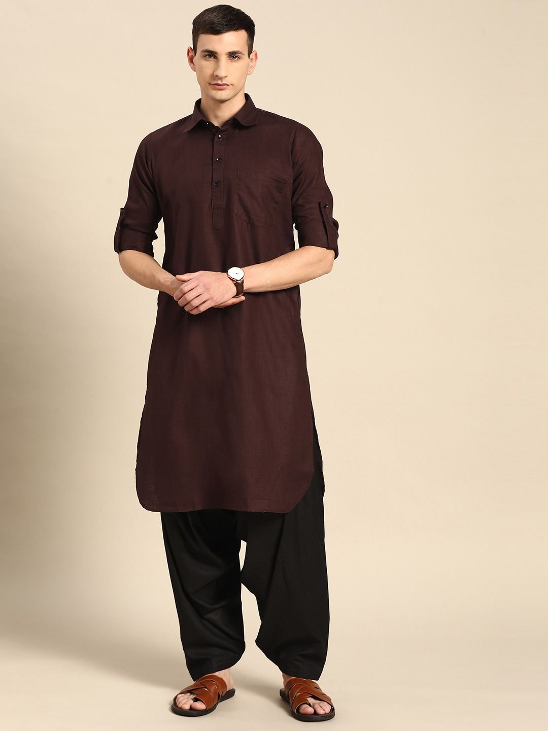 

RAJUBHAI HARGOVINDAS Shirt Collar Long Roll-Up Sleeves Regular Pure Cotton Pathani Kurta, Brown