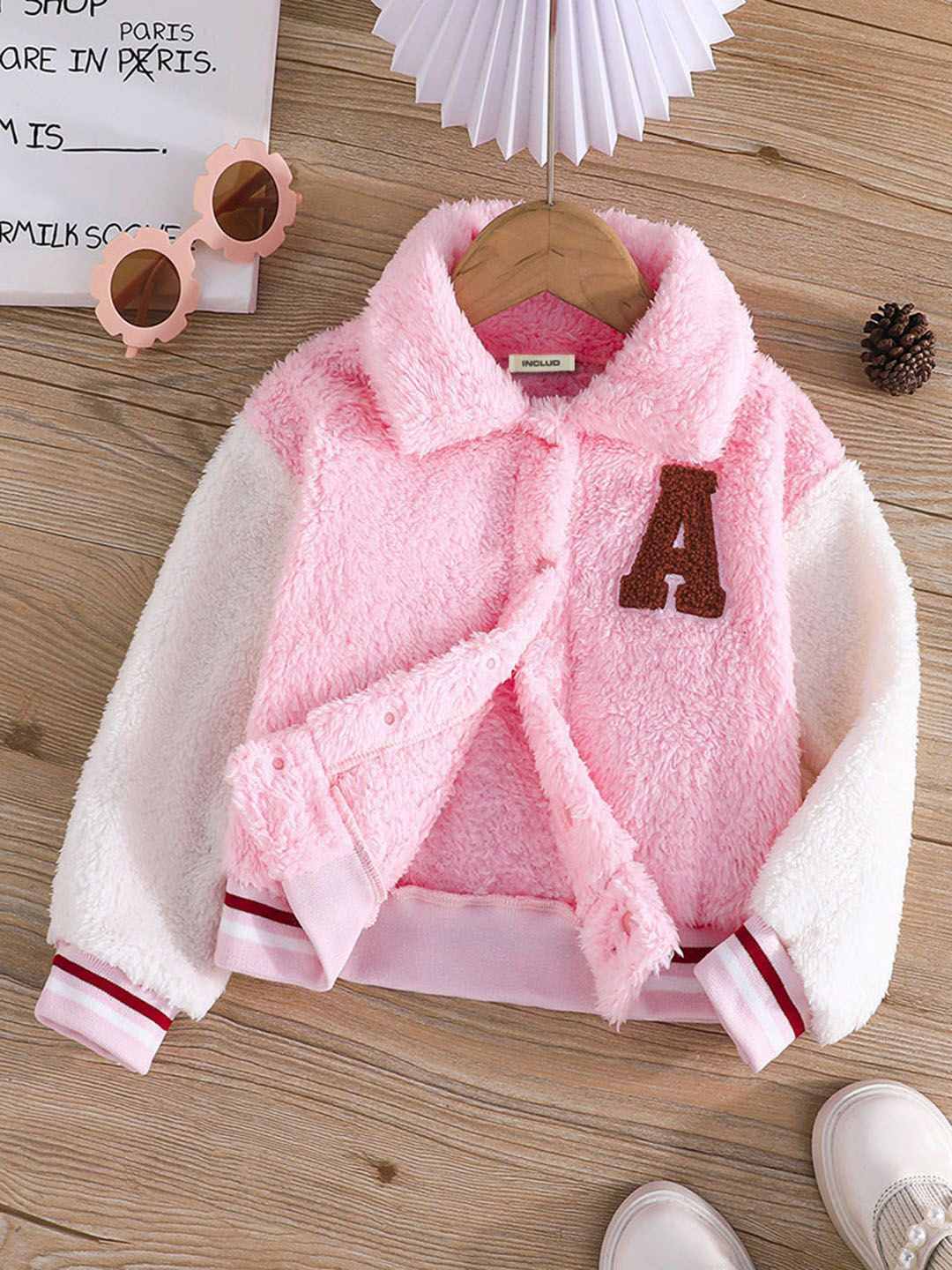 

INCLUD Girls Spread Collar Self Design Casual Bomber Jacket, Pink