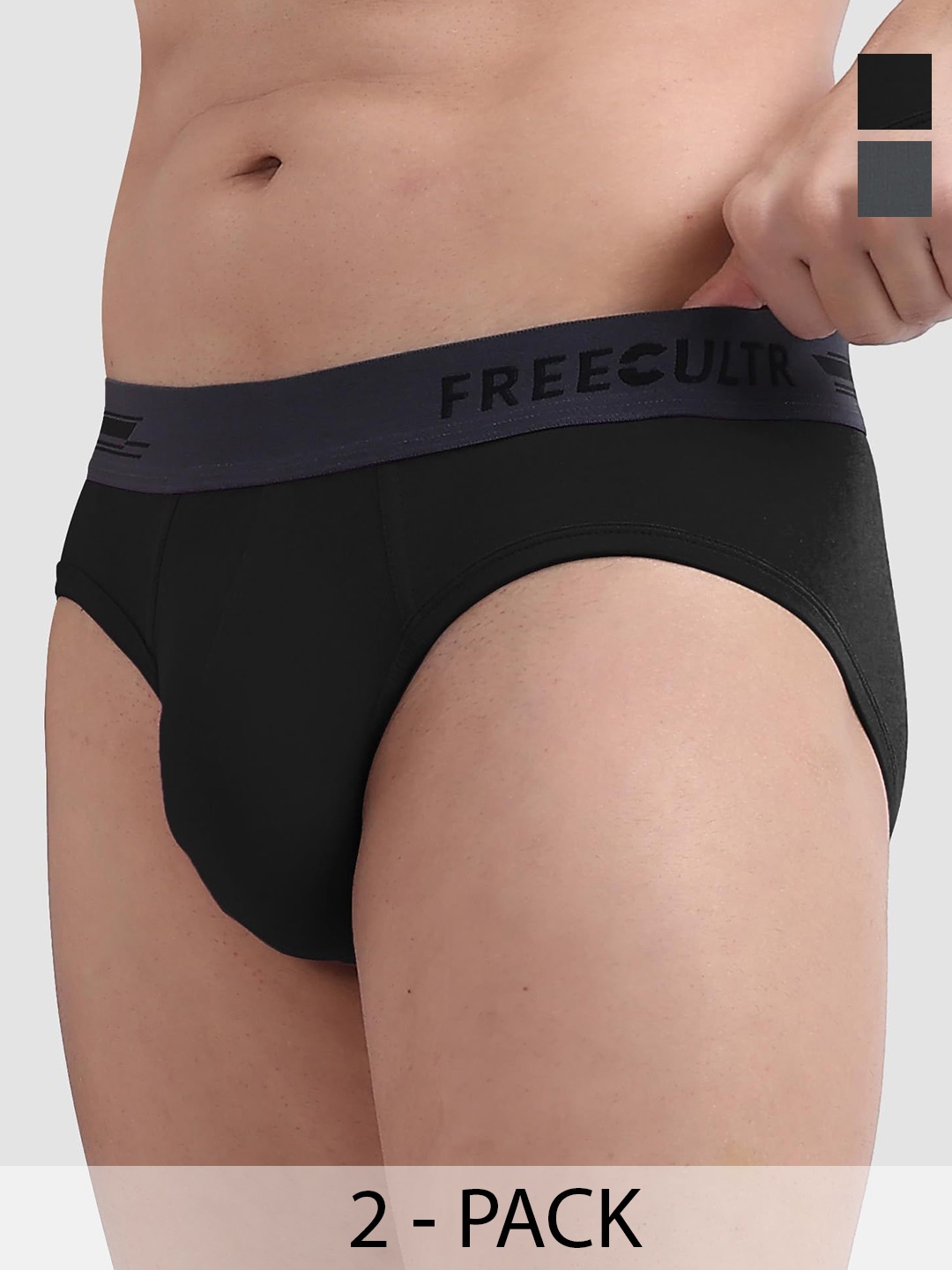 

FREECULTR Men Pack Of 2 Anti Bacterial Ribbed Basic Briefs, Grey