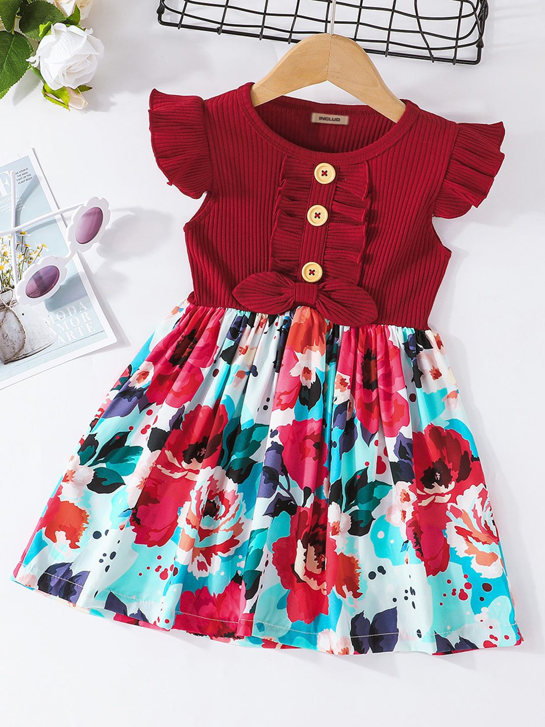 

INCLUD Girls Floral Printed Flared Sleeve Fit & Flare Knee Length Dress, Red