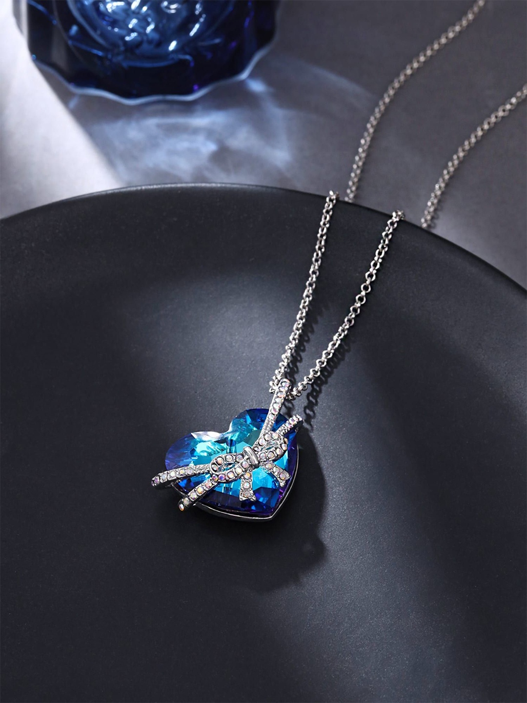 

Yellow Chimes Rhodium-Plated Stone Studded Heart Shaped Pendant with Chain, Silver