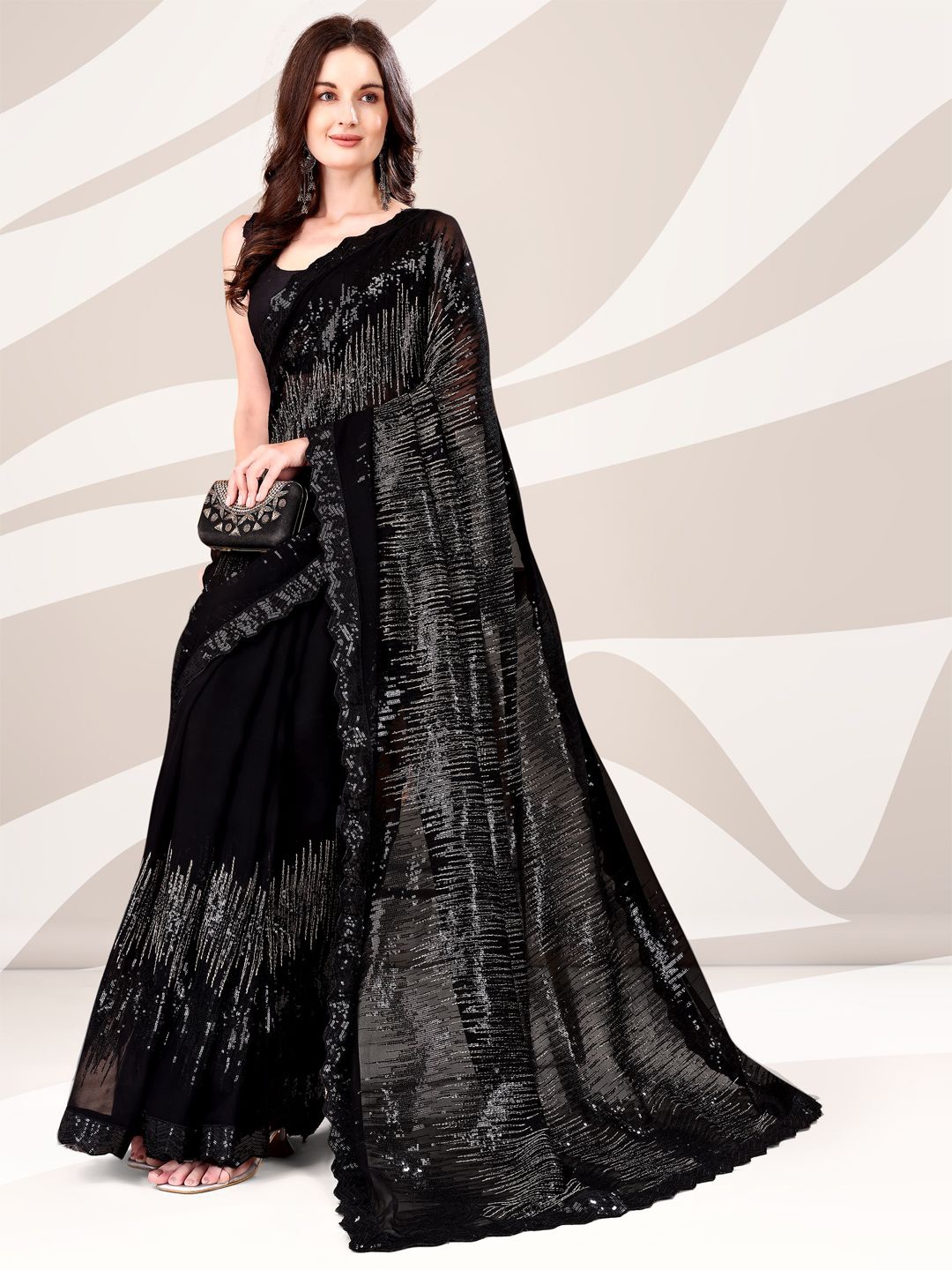 

Indian Embellished Sequinned Pure Georgette Saree, Black