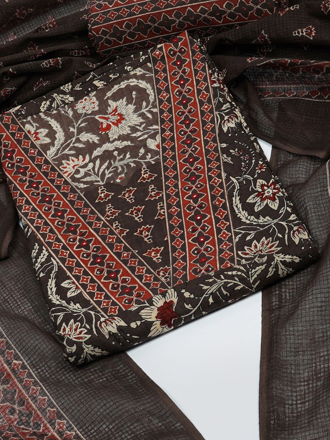 

KAMI KUBI Floral Printed Sequinned Pure Cotton Unstitched Dress Material, Brown