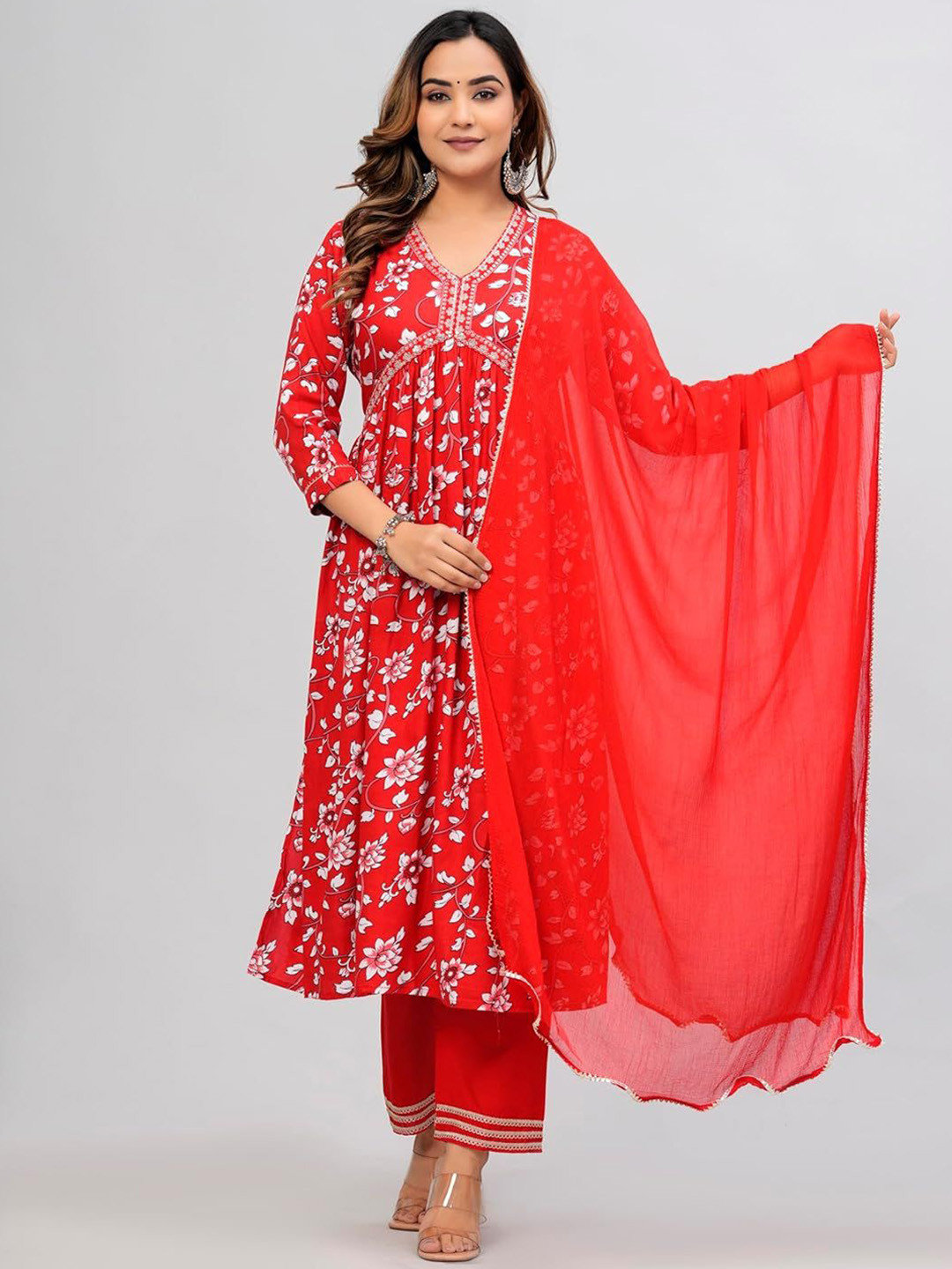 

KALINI Floral Printed A-Line Gotta Patti Kurta with Trousers & Dupatta, Red