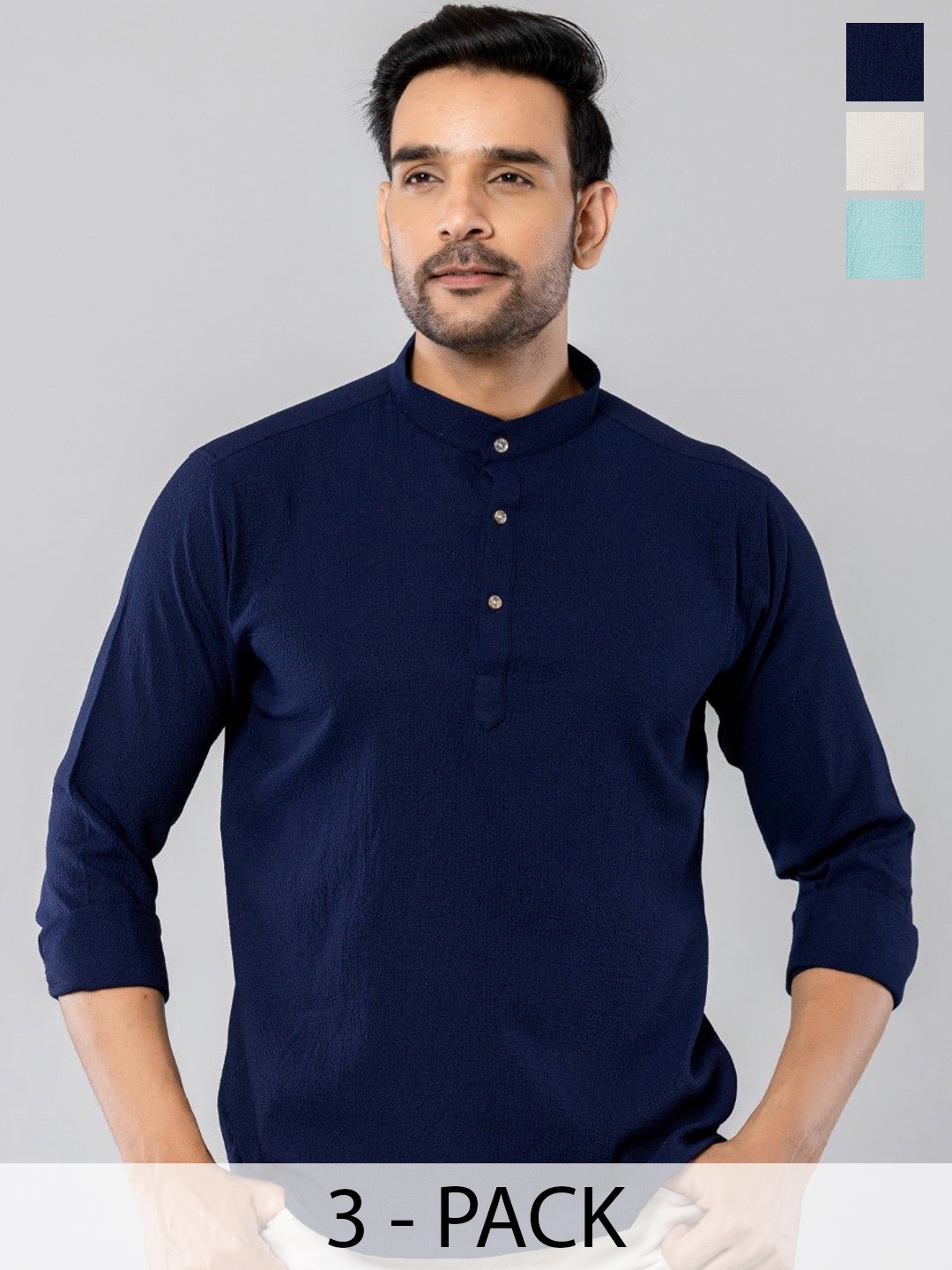 

Aanys Culture Pack Of 2 Band Collar Long Roll-Up Sleeves Straight Kurta, Navy blue