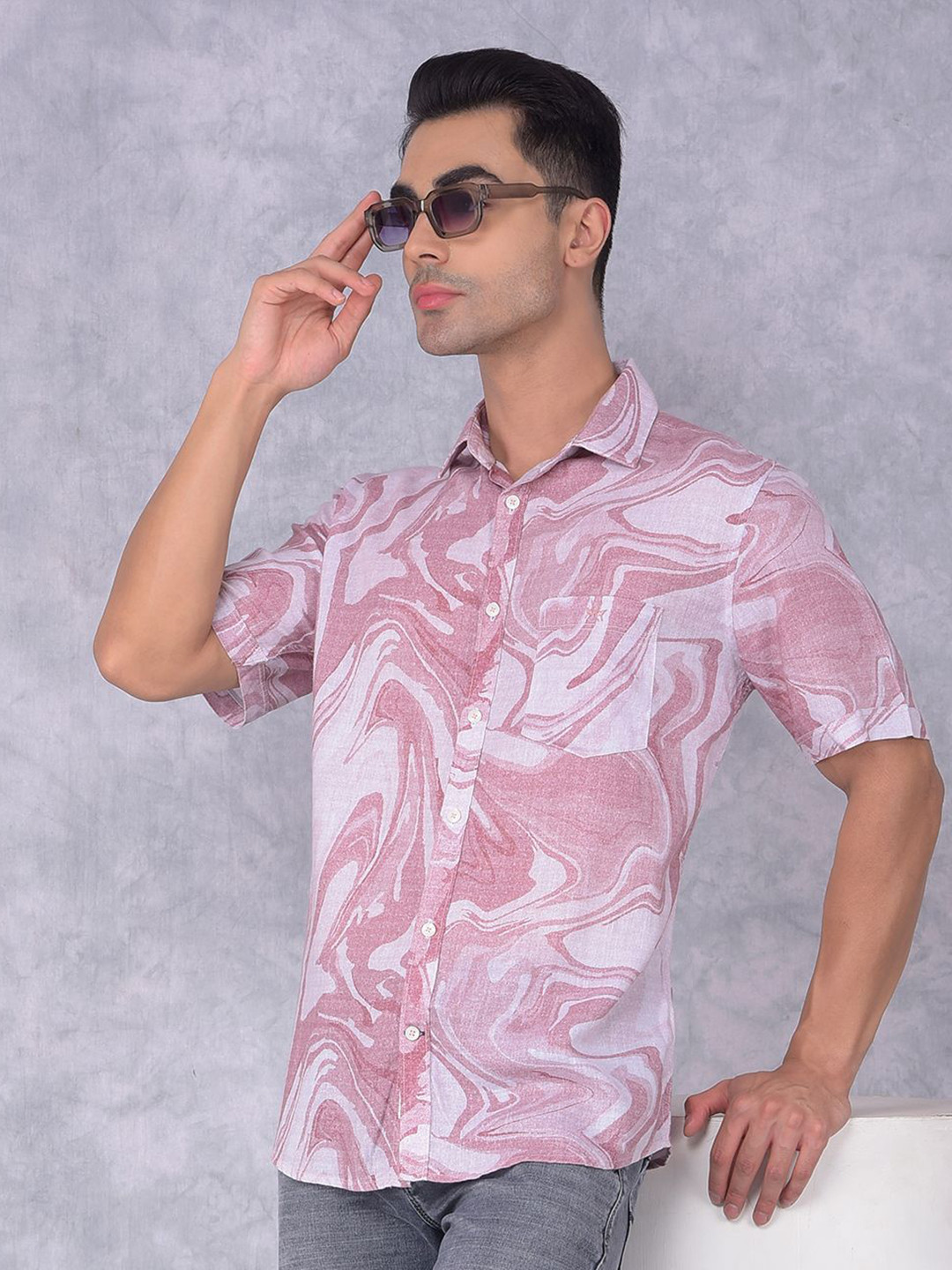 

Crimsoune Club Men Smart Spread Collar Abstract Printed Cotton Slim Fit Casual Shirt, Red
