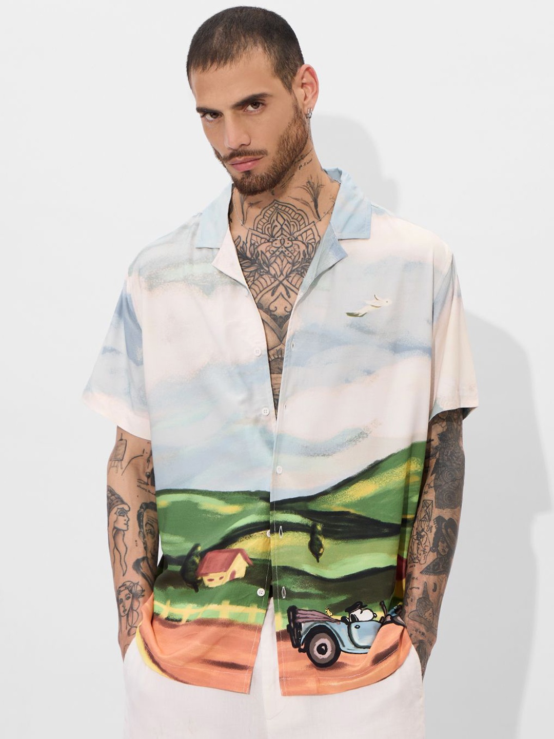 

The Souled Store Men Cuban Collar Graphic Printed Casual Shirt, White