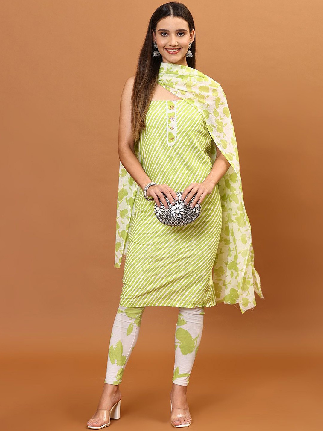 

Meena Bazaar Floral Printed Unstitched Dress Material, Green