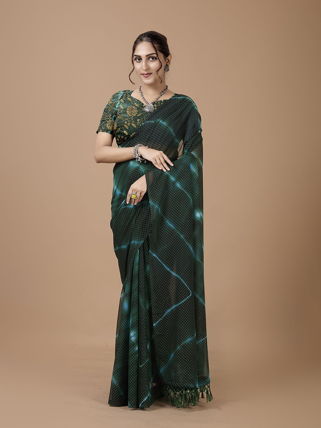 

NIRMAL CREATION Tie and Dye Printed Embroidered Saree, Green