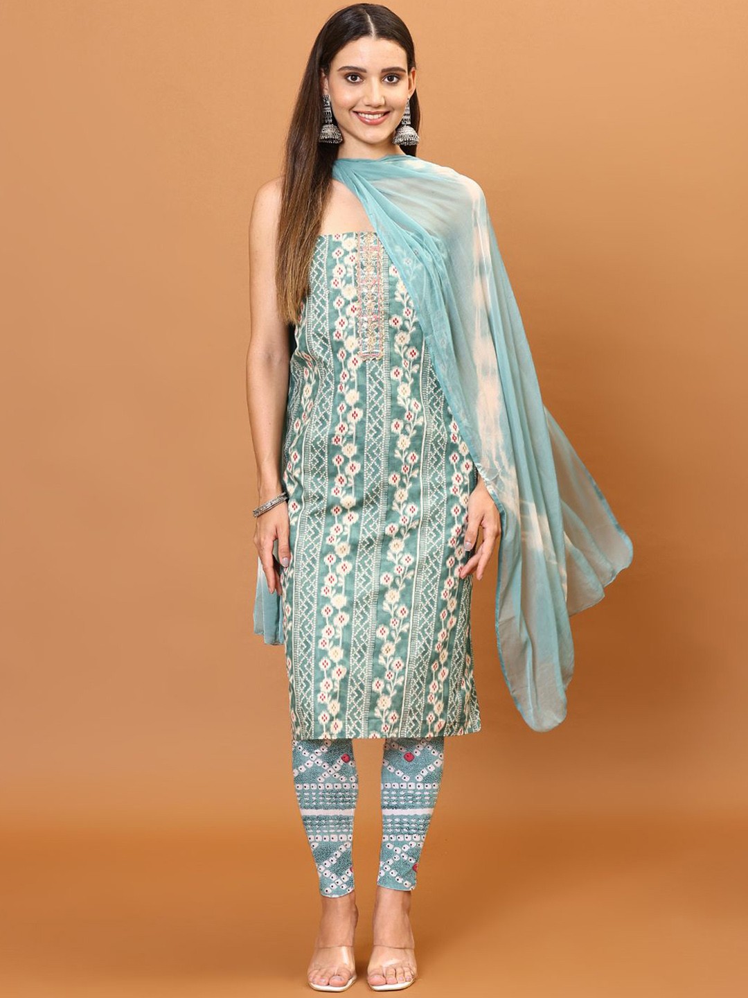 

Meena Bazaar Floral Printed Gotta Patti Unstitched Dress Material, Green