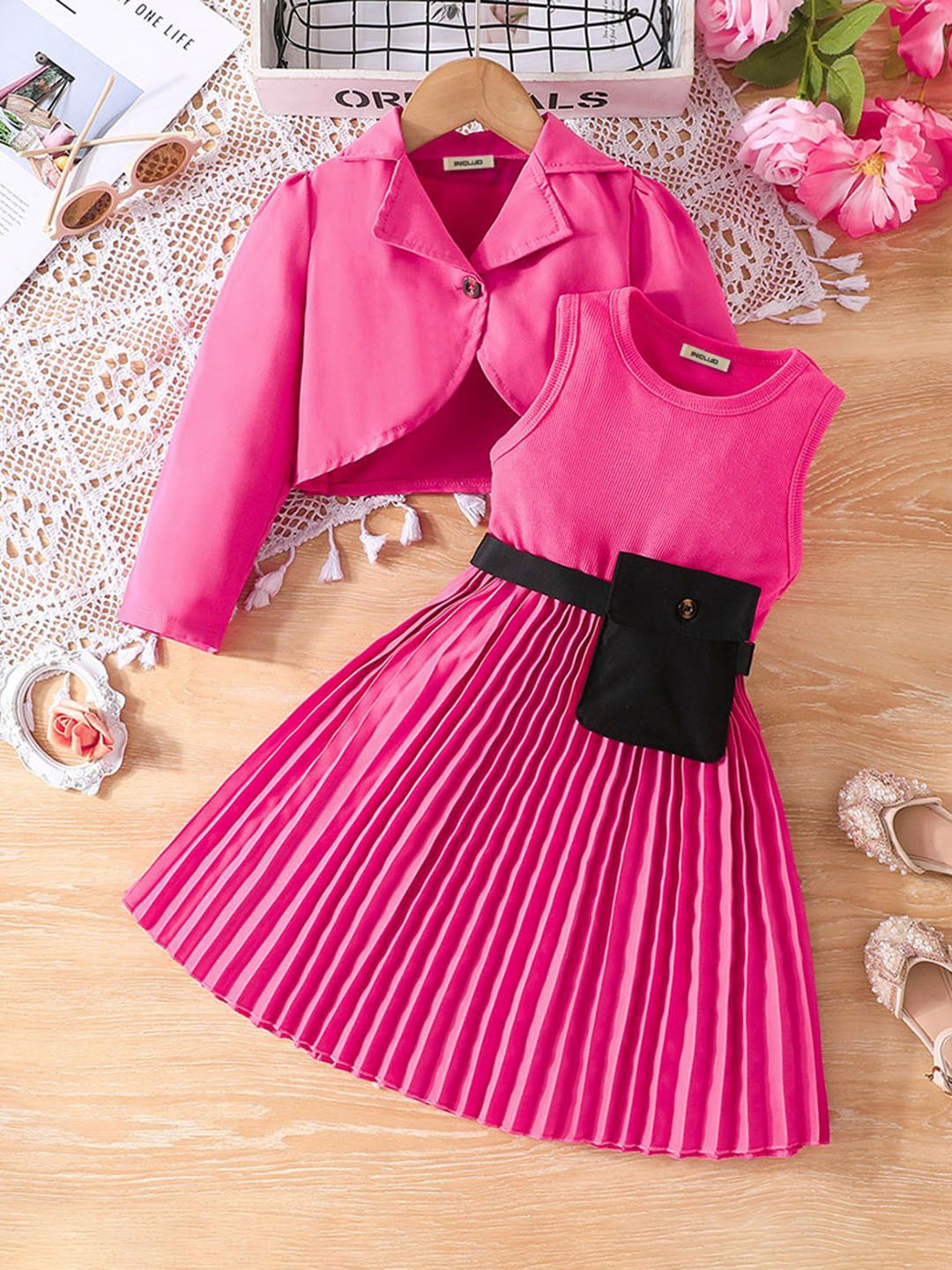 

INCLUD Girls Fit & Flare Dress With Full Sleeves Jacket, Pink