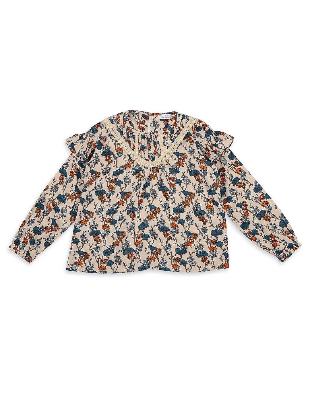 

My Milestones Girls Cotton Floral Printed Ruffles Cotton Top, Cream