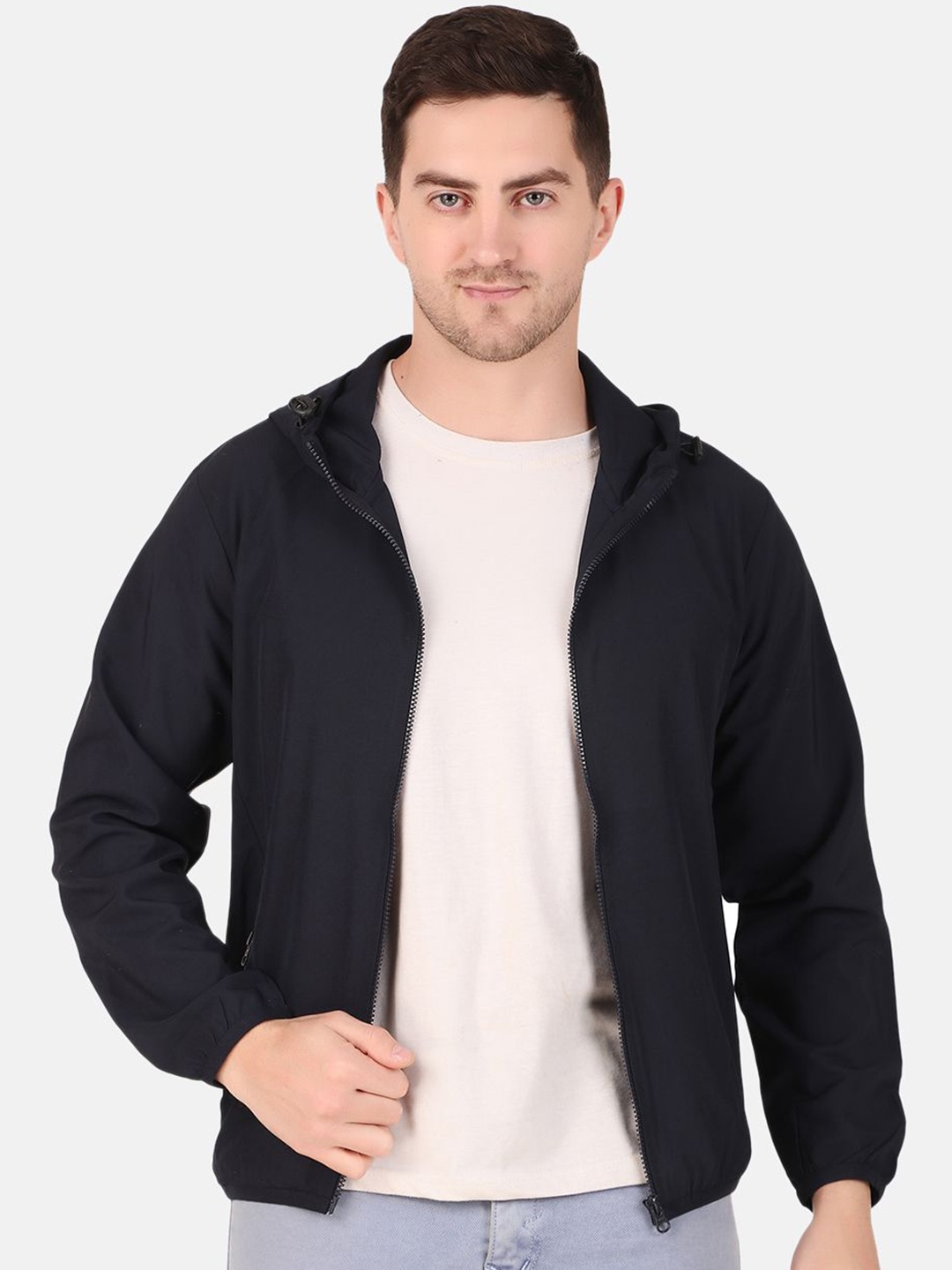 

WELL QUALITY Men Hooded Solid Casual Bomber Jacket, Navy blue