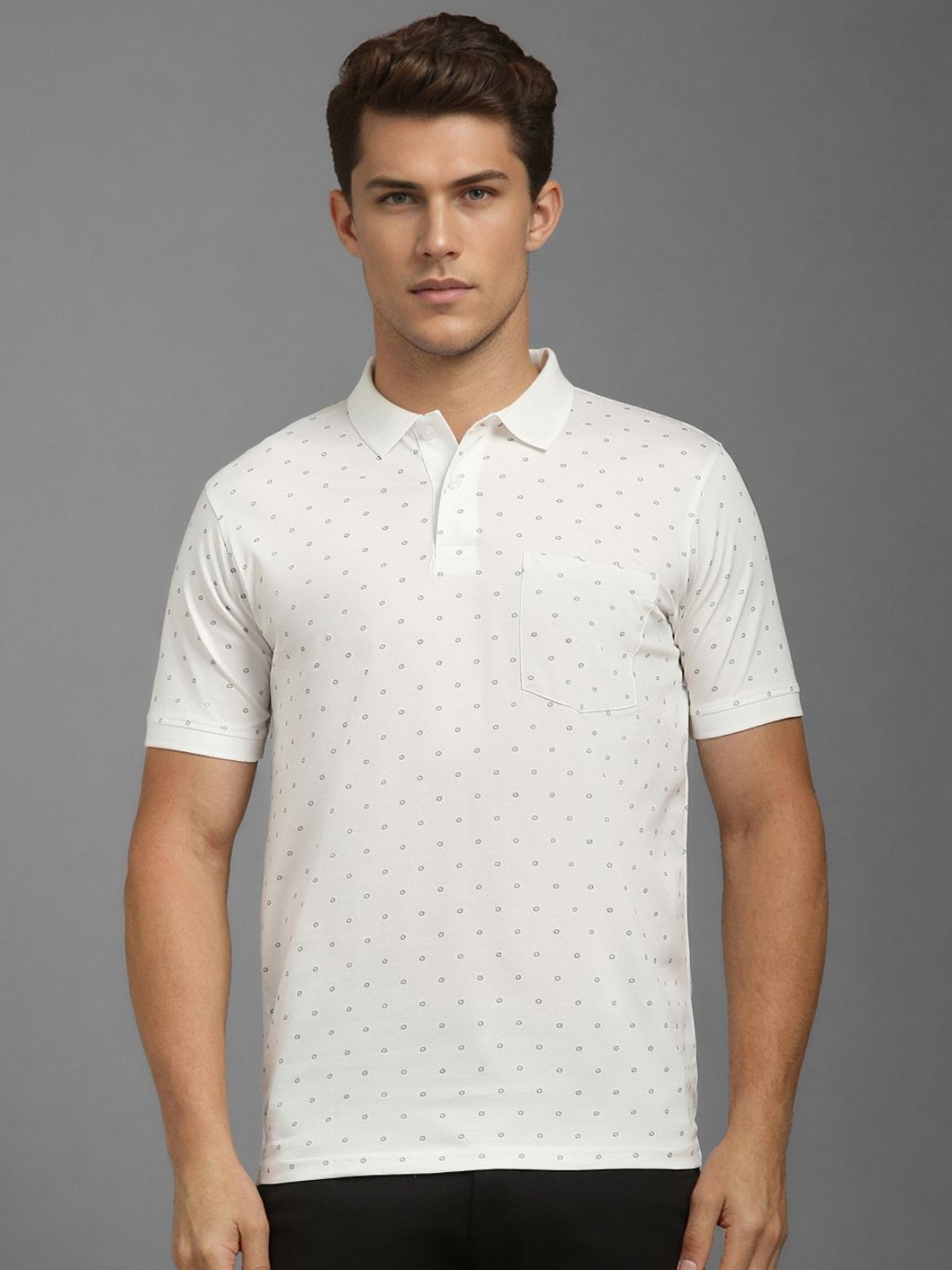 

Louis Philippe Men Polka Dots Printed Polo Collar Cotton T-shirt, White