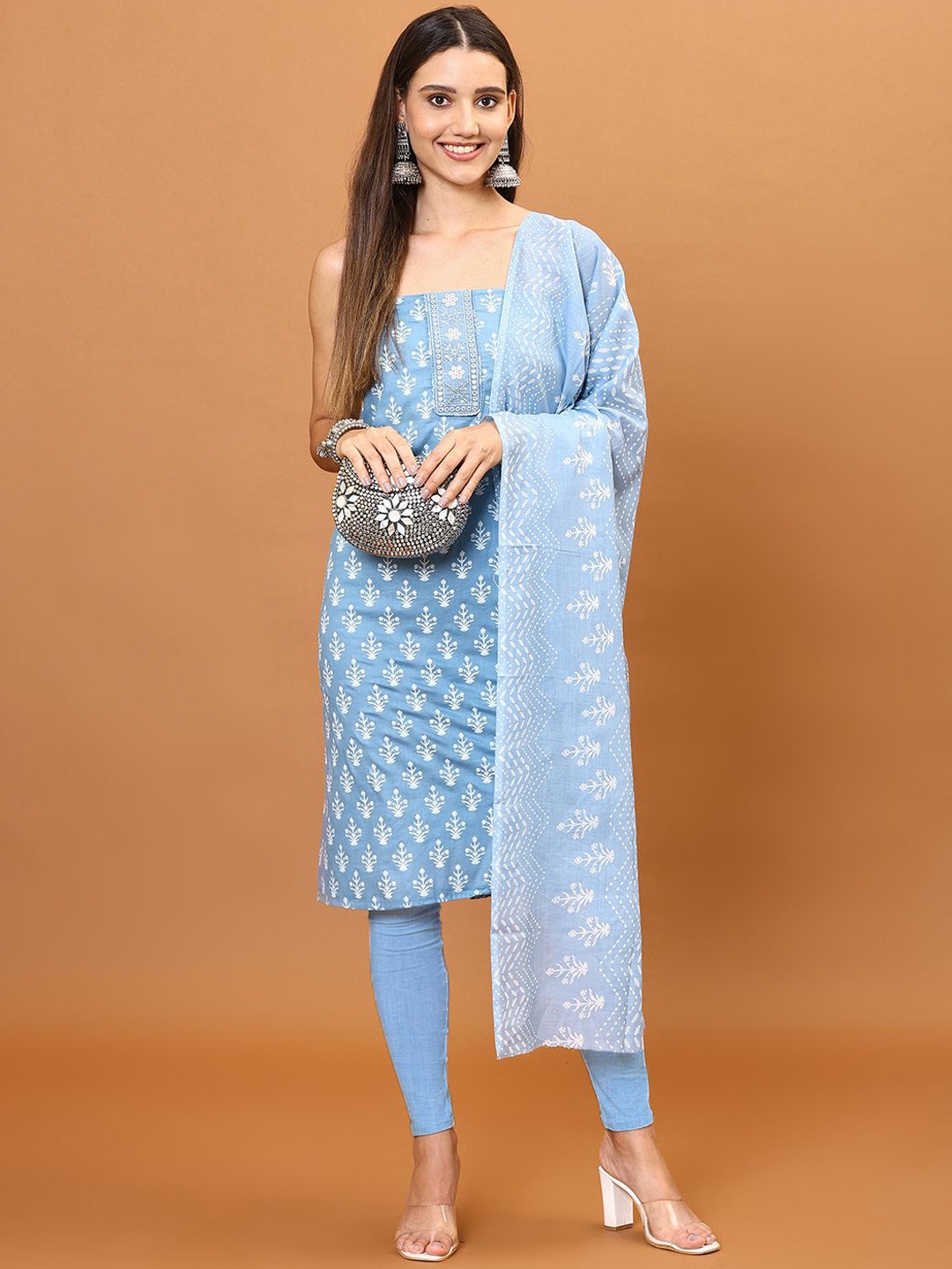 

Meena Bazaar Ethnic Motifs Printed Unstitched Dress Material, Blue