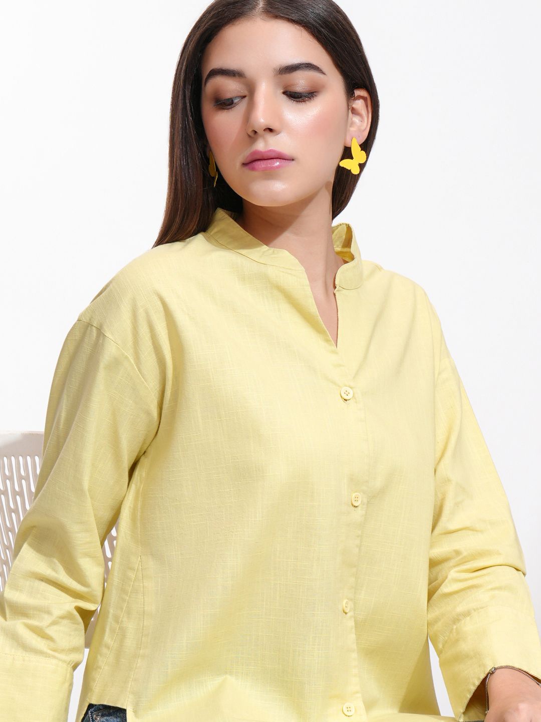 

Tokyo Talkies Women Button Down Drop Shoulder Cotton Shirt, Yellow
