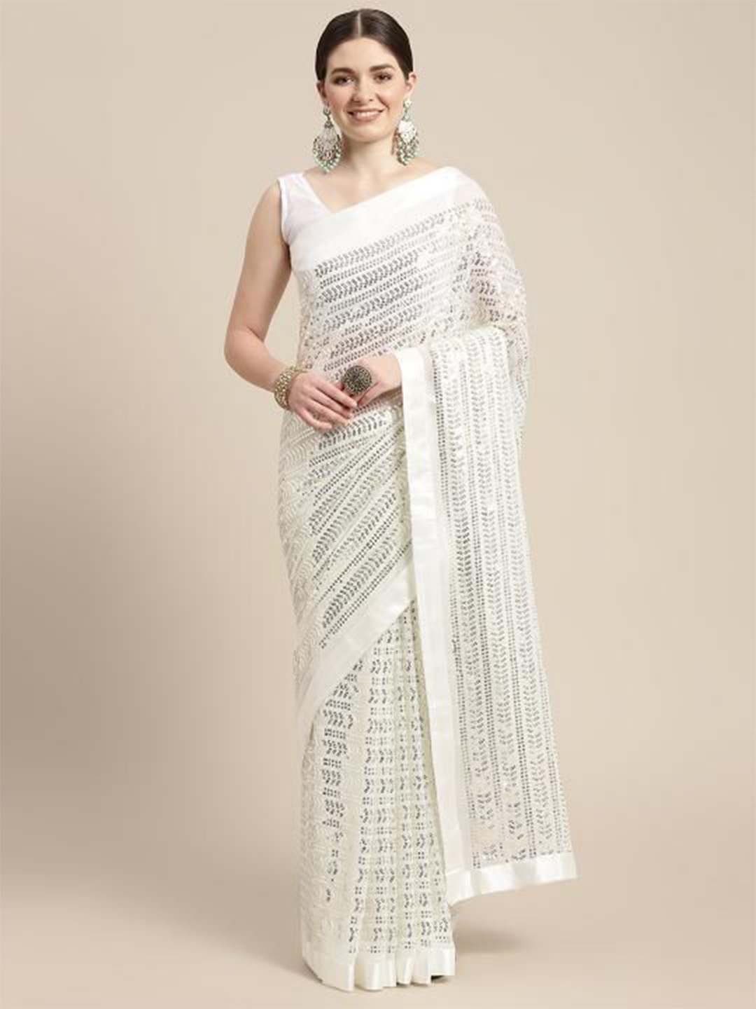 

VAIRAGEE Embellished Sequinned Ready to Wear Saree, White