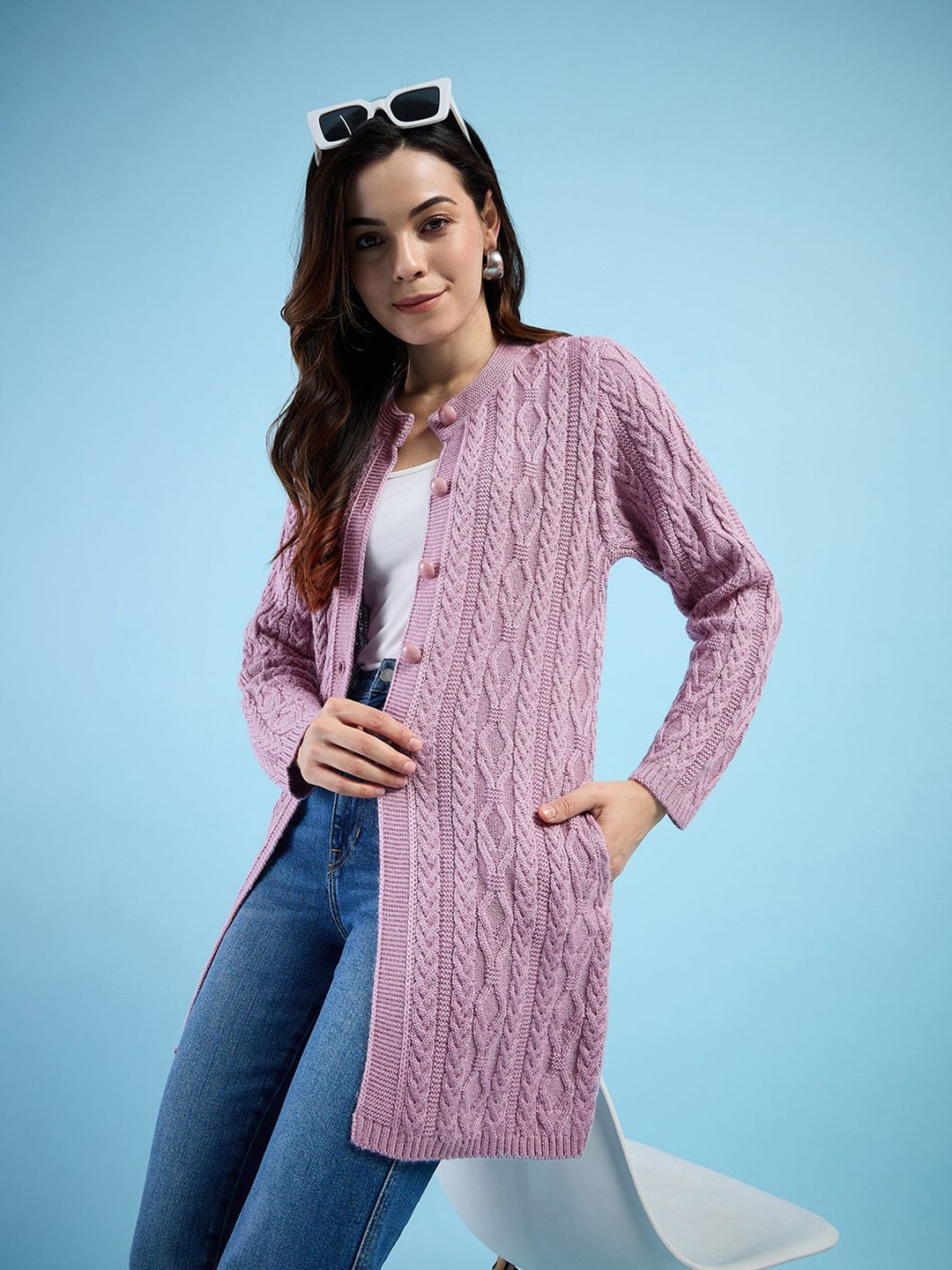 

CLAPTON Women Wollen Round Neck Long Sleeves Longline Cardigan Sweaters, Pink
