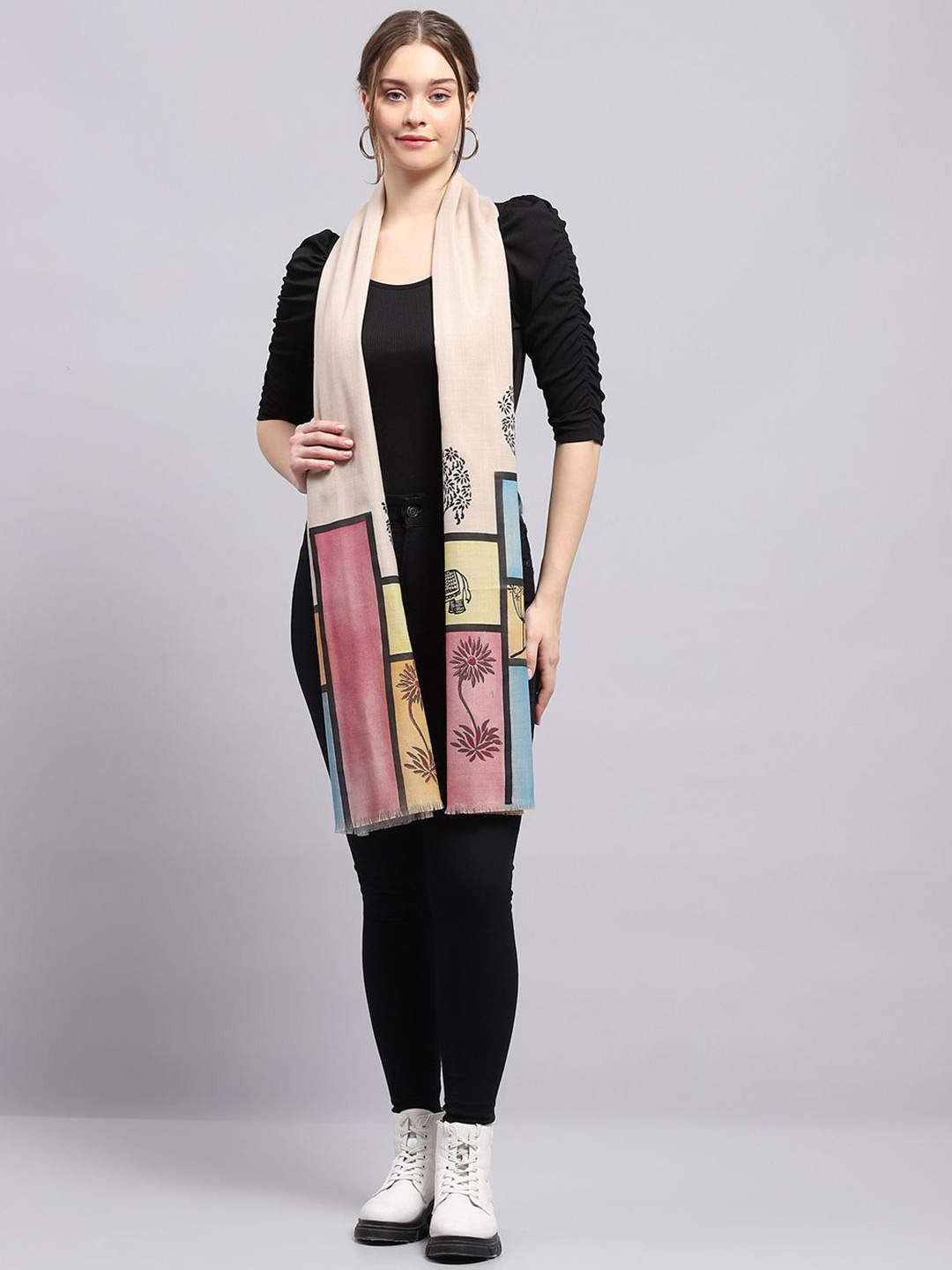 

Monte Carlo Women Floral Printed Woven Design Stole, Beige