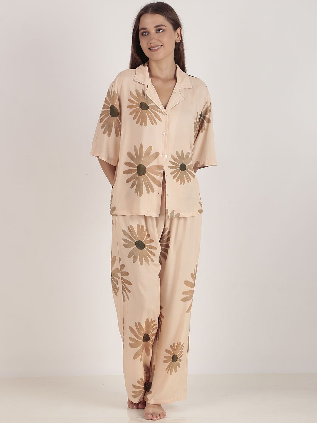 

Masha Women Printed Shirt Style Night suit, Beige