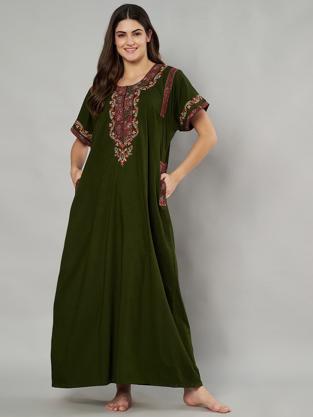 

KOI SLEEPWEAR Embroidered Maxi Nightdress, Olive