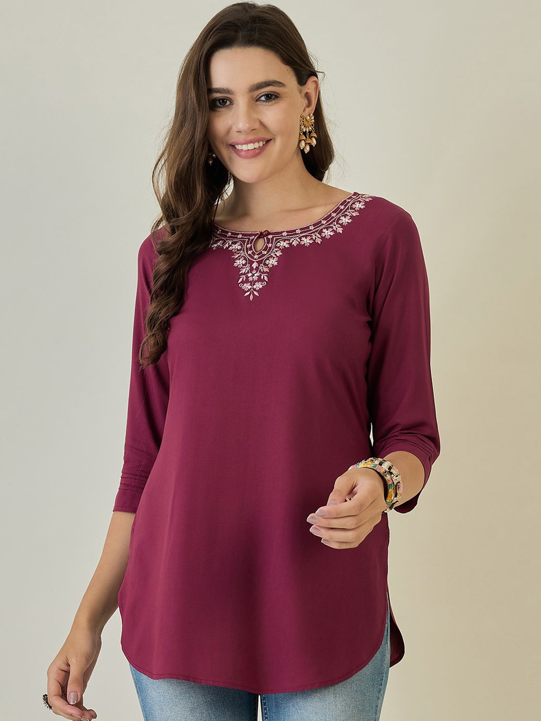 

Anouk Women Maroon Modal Embroidered Keyhole Neck Top