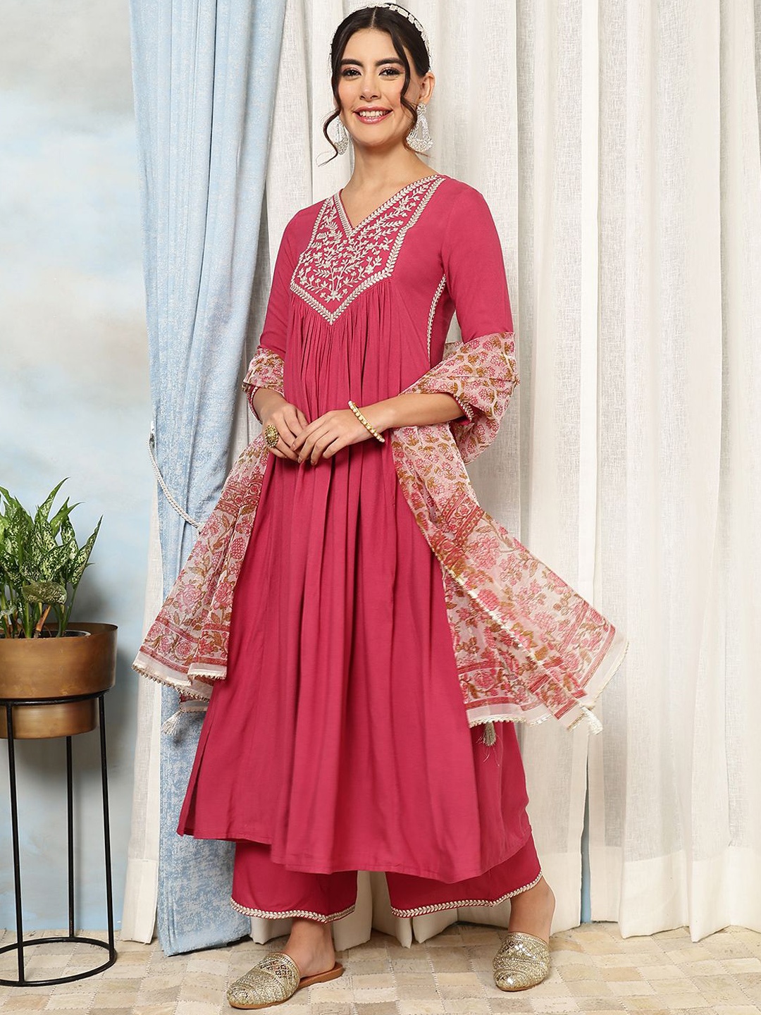

KIMAYRA Floral Embroidered Pleated Thread Work Kurta with Palazzo & Dupatta, Peach