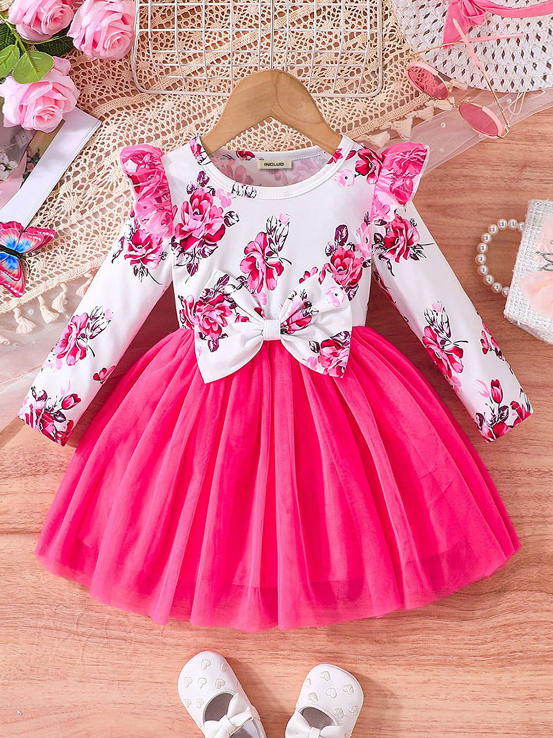 

INCLUD Girls Floral Printed Fit & Flare Dress With Bow, Pink