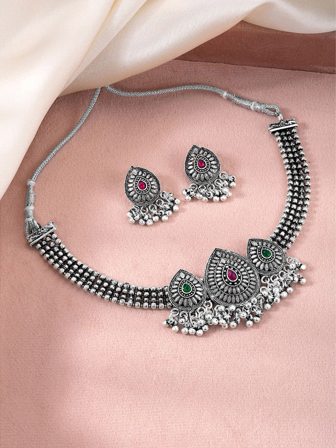 

Peora Silver-Plated Stone-Studded & Beaded Jewellery Set