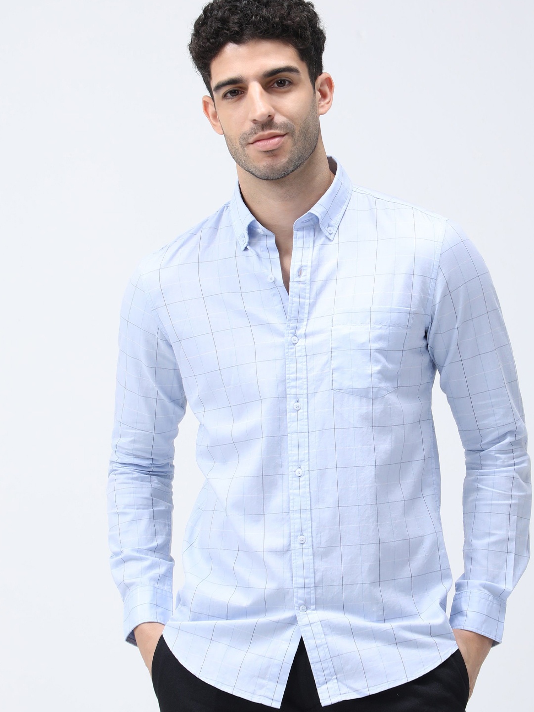 

BARE BROWN Men Button-Down Collar Checked Cotton Slim Fit Casual Shirt, Blue