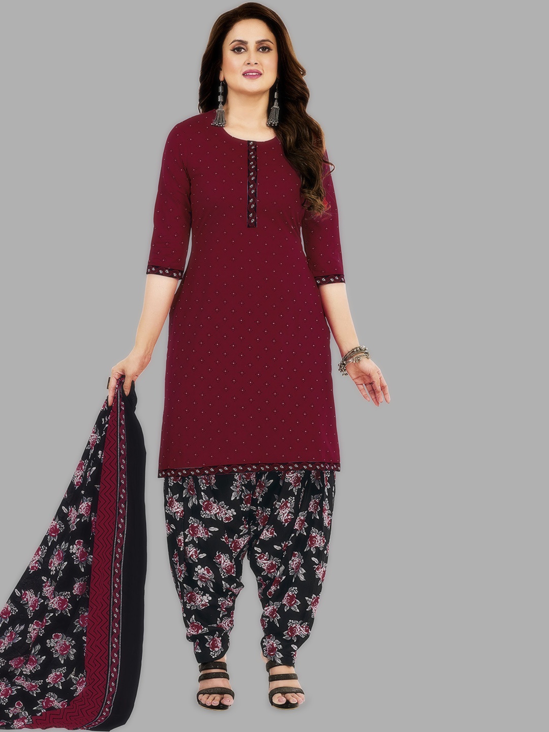 

MIRAAN Printed Pure Cotton Unstitched Dress Material, Maroon