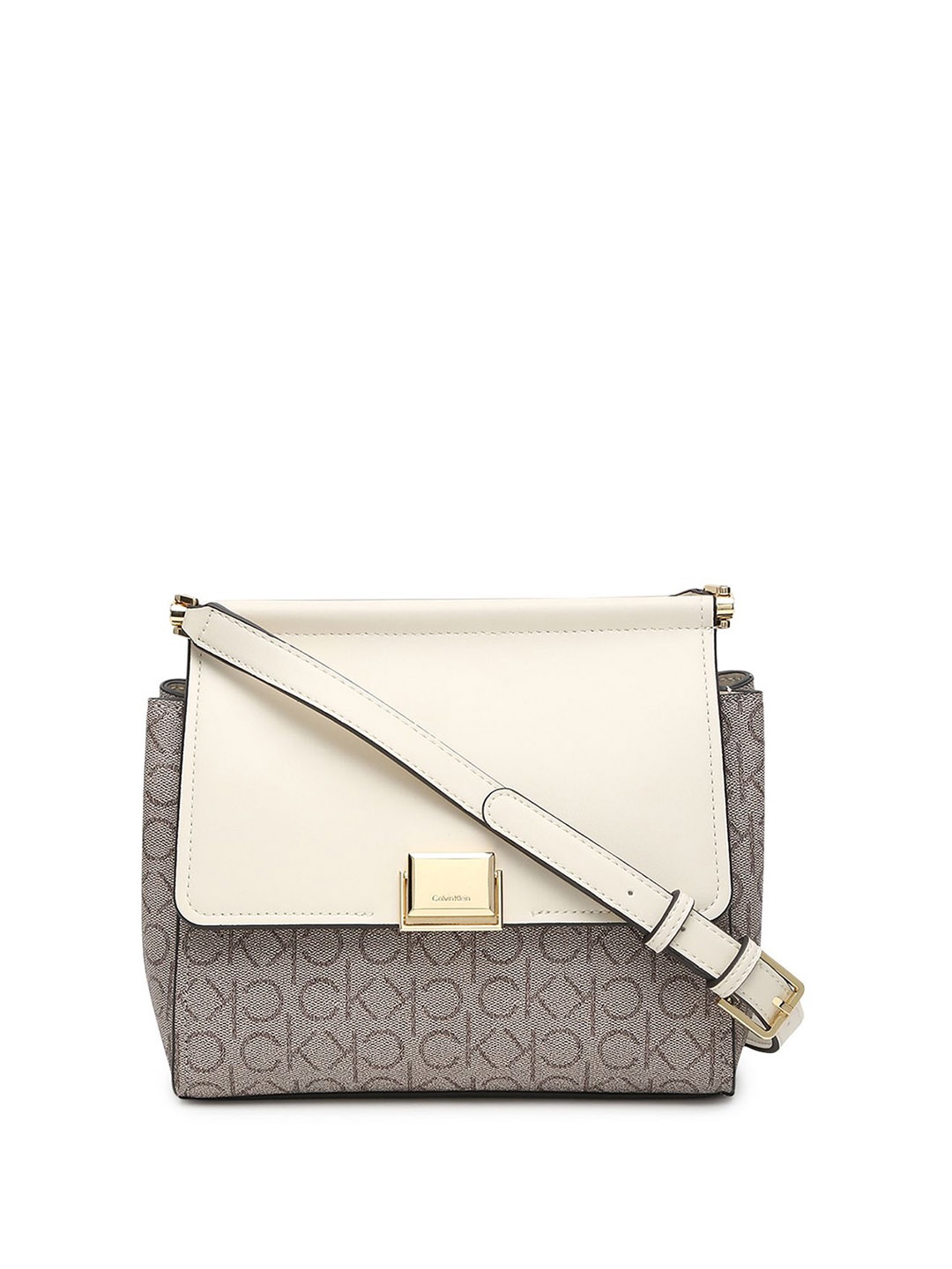 

Calvin Klein Printed Structured Sling Bag with Cut Work, Beige