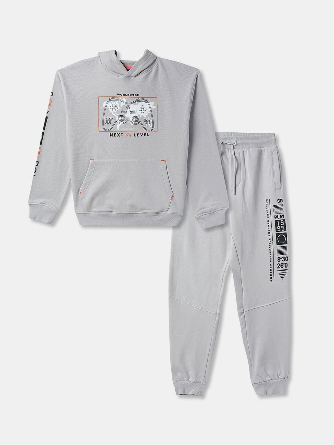 

R&B Boys Printed Hooded Long Sleeves Pure Cotton Sweatshirt With Jogger, Grey