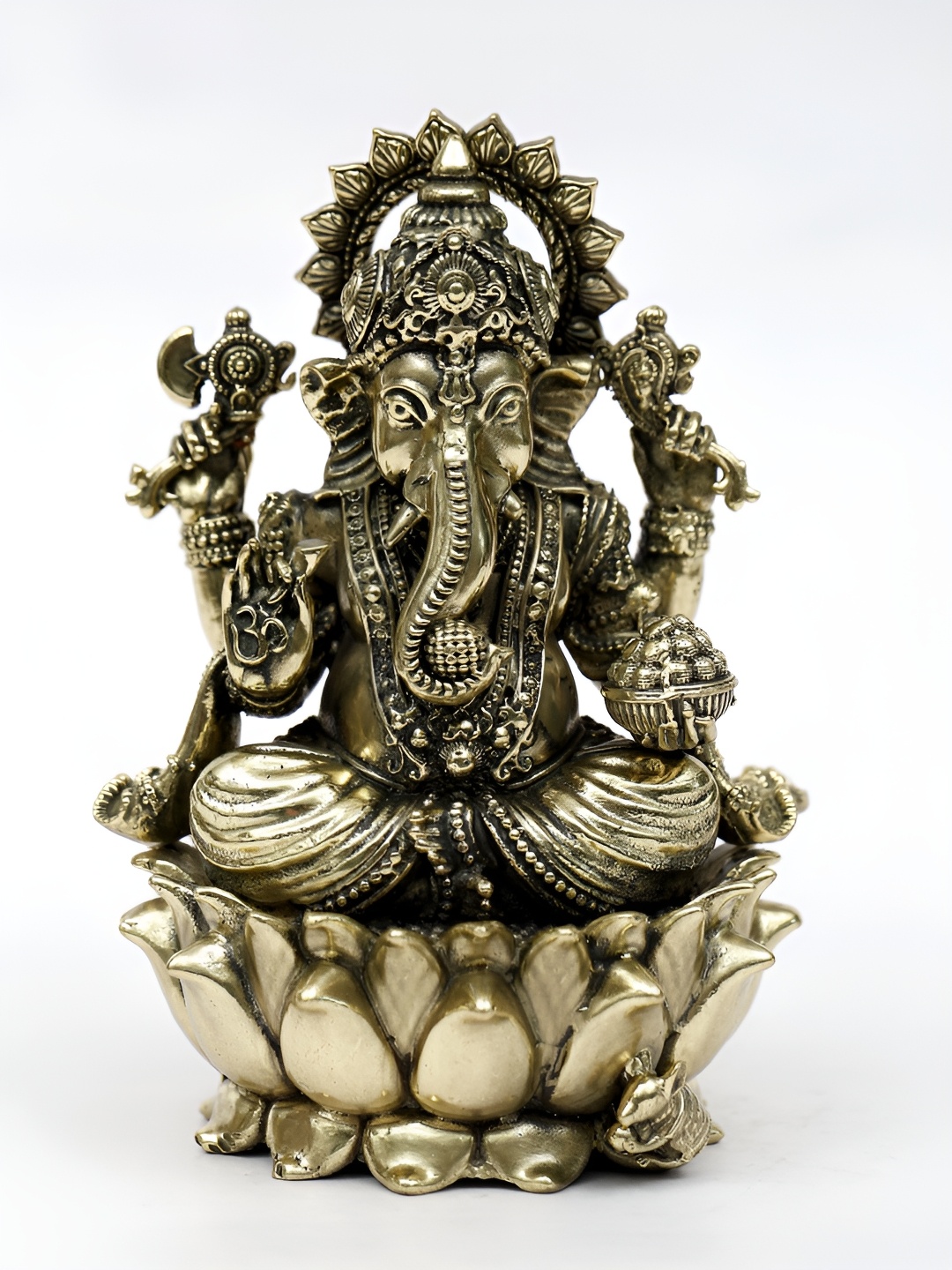 

Exotic India Brass Four-Armed Blessing Lord Ganesha Seated on Lotus Statue, Gold