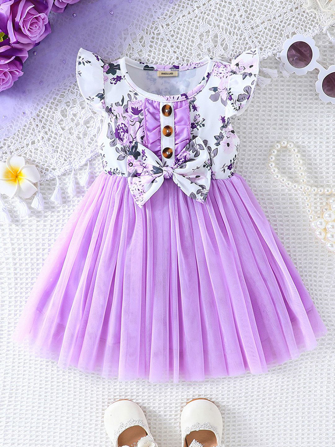 

INCLUD Girls Floral Printed Flutter Sleeves Fit & Flare Dress, Purple